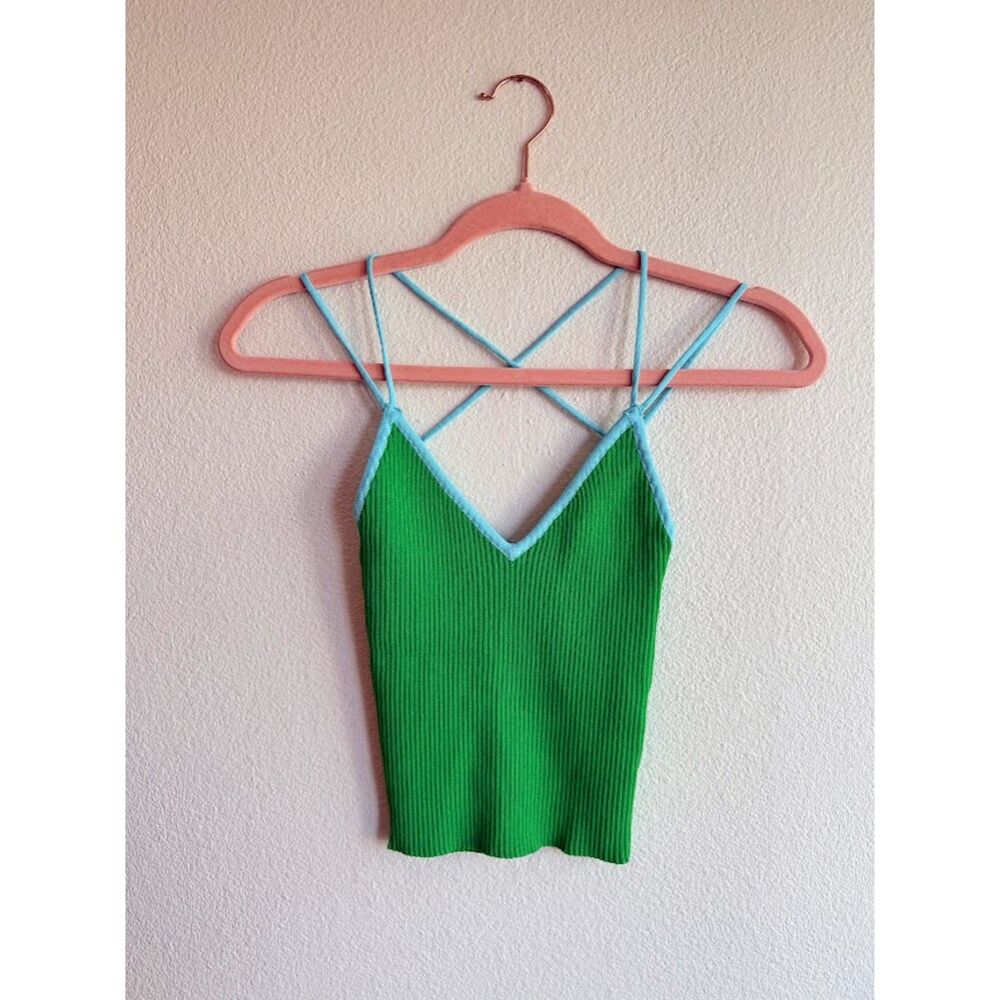 Zara Strappy Ribbed Knit Cropped Cami in Green & Turquoise size S NWOT